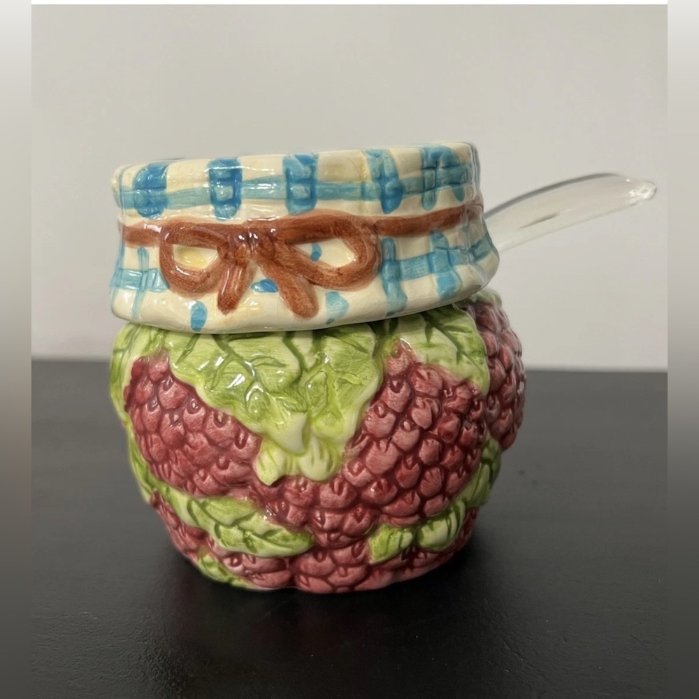 Vintage Ceramic Raspberry Jar Gingham Design Jam Jelly 4” Cottage Spring 90s